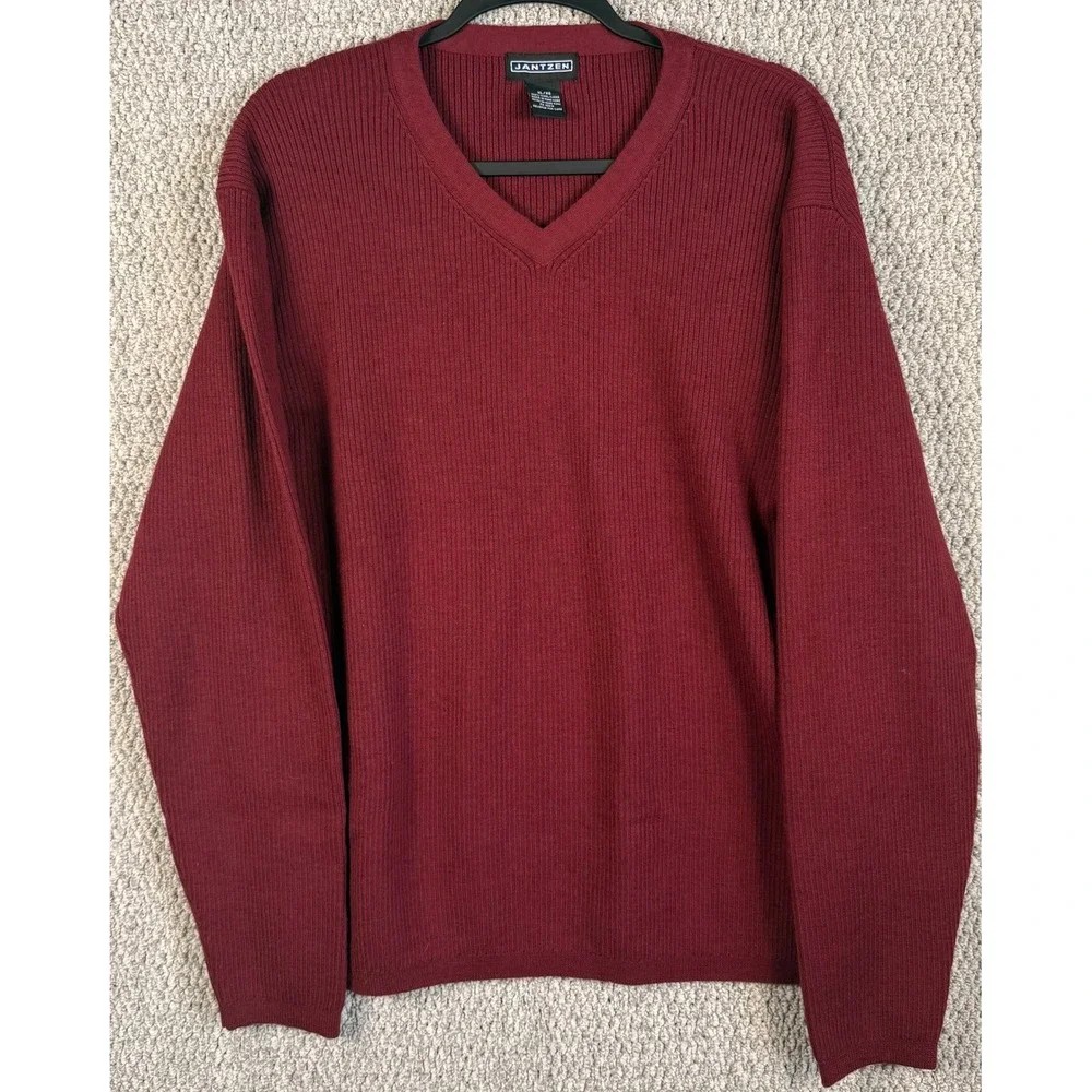 Jantzen Vintage V-Neck Sweater XL Burgundy 100% Wool Ribbed Knit 90s Y2K Maroon